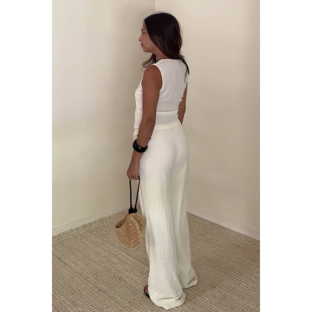 Textured Vest Top And Wide Leg Pants Sets
