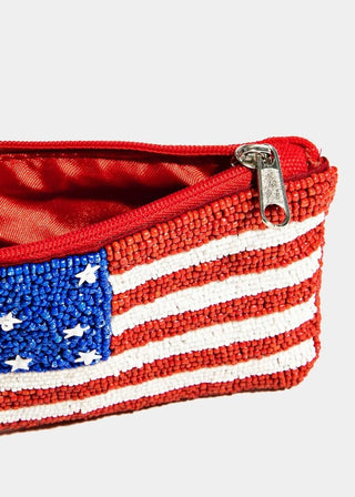 Pouch with American flag design and zipper on a white background
