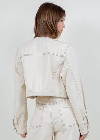 Luna Cream Washed Cropped Jacket with Metallic Accent Buttons - Verte Boutique