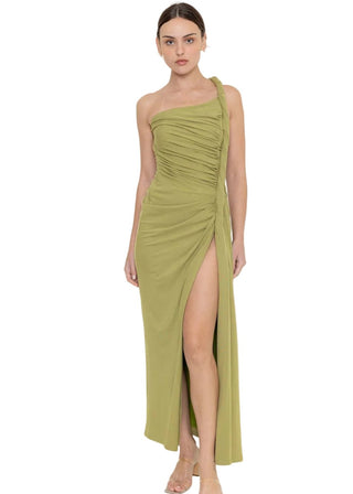 Pistachio Draped One - Shoulder Thigh Slit Maxi Dress - Verte Boutique