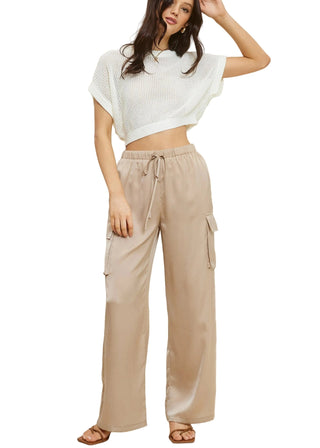 Nude Drawstring Waistband Solid Satin Cargo Wide - Leg Pants - Verte Boutique