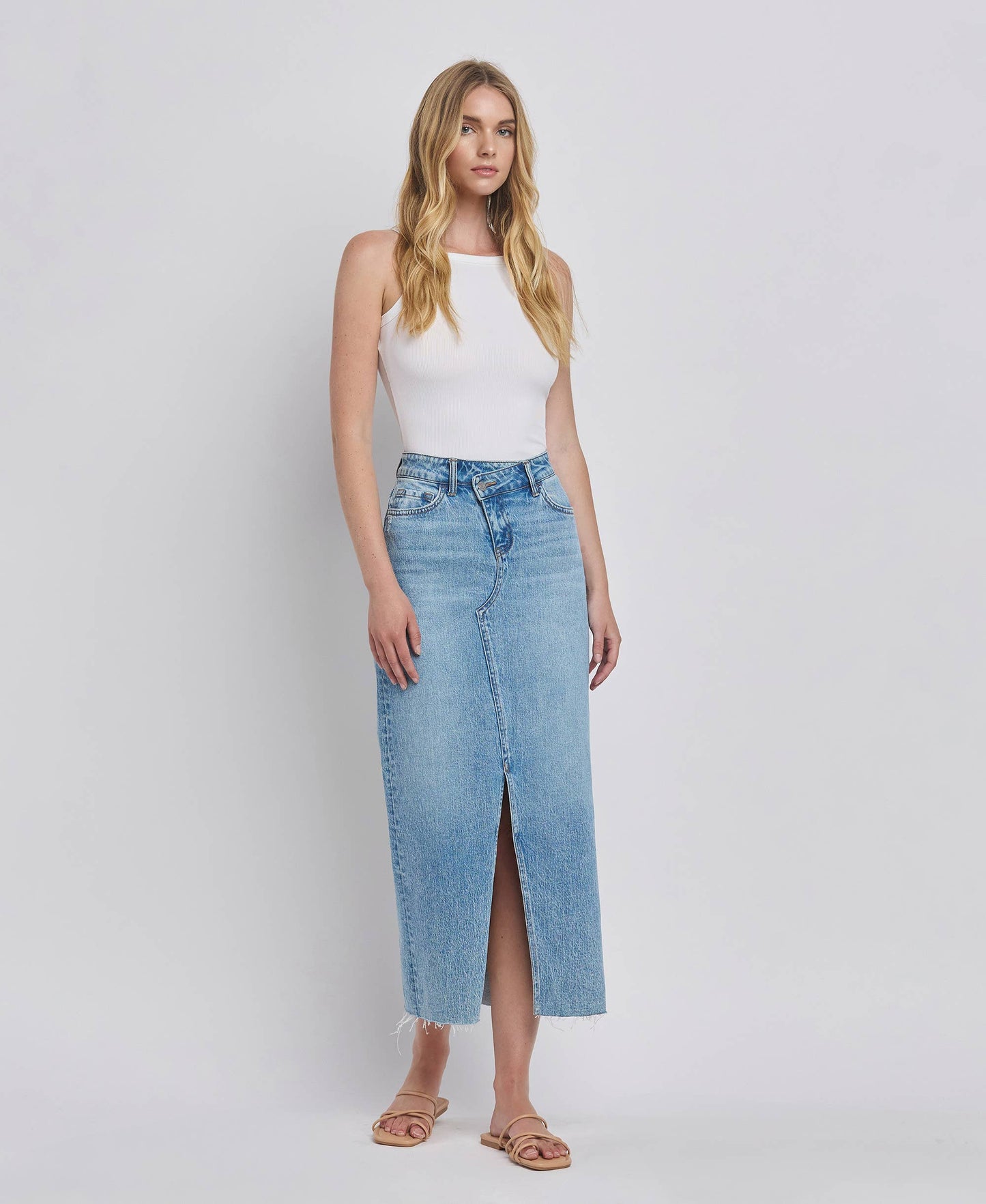 Criss Cross Front Slit Denim Maxi Skirt