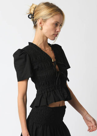 Black Short Sleeve Smocked Poplin Peplum Top - Verte Boutique