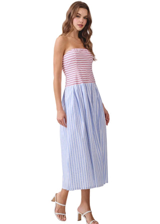 Patriotic Red & Blue Striped Strapless Pleated Midi Dress - Verte Boutique