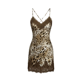 Leopard print slip dress with lace details on a white background