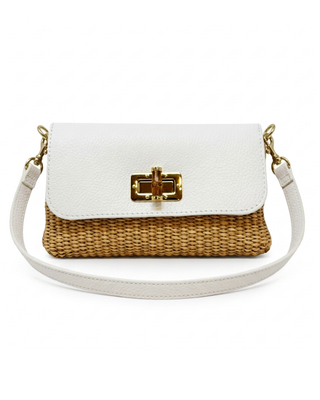 White handbag with wicker detail and gold clasp on a white background
